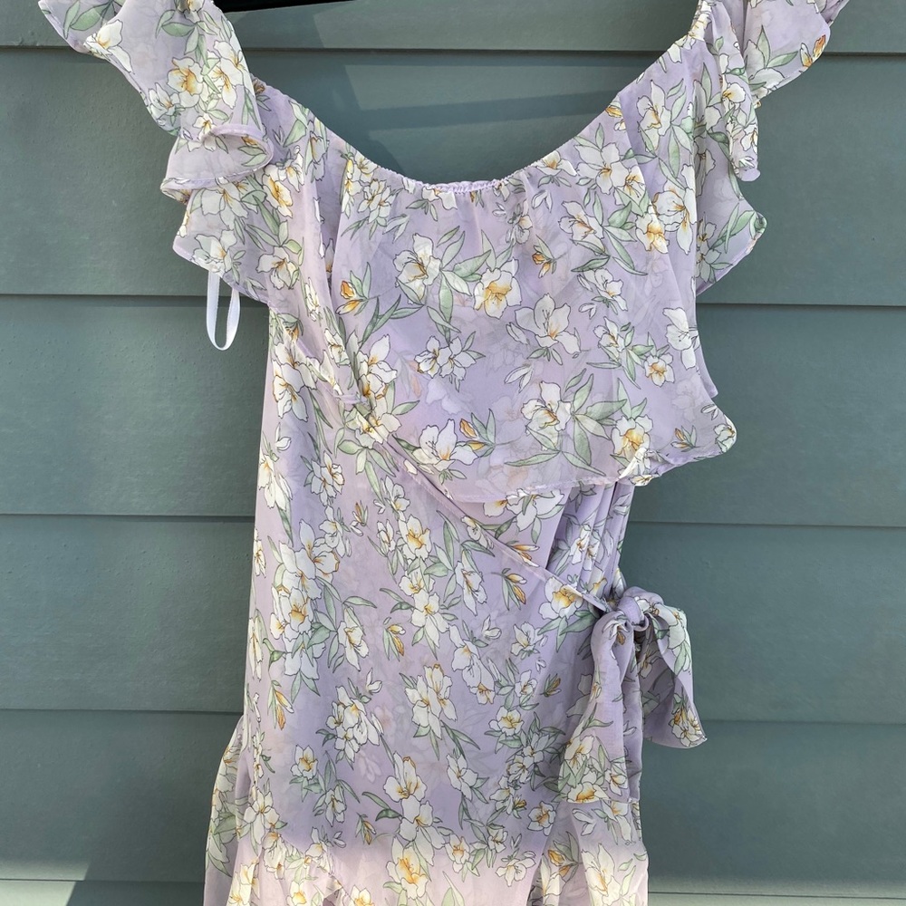 Superdown lilac floral off shoulder w wrap dress